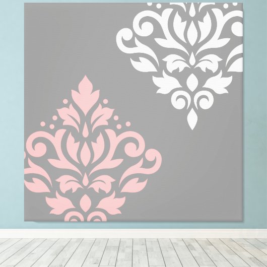 Scroll Damask Art in roze wit grijs Canvas Afdruk (Insitu (Houten vloer))
