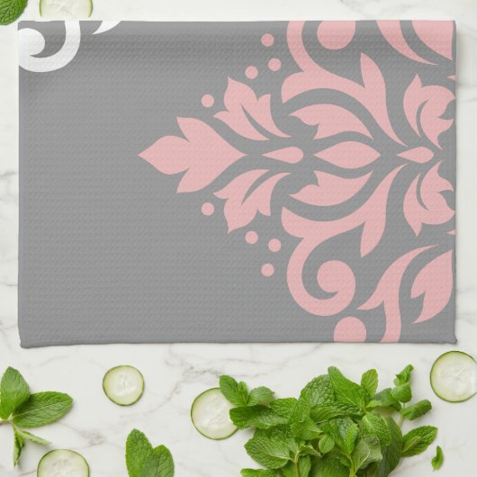 Scroll Damask Art in roze wit grijs Theedoek (Gevouwen)