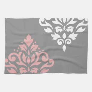 Scroll Damask Art in roze wit grijs Theedoek