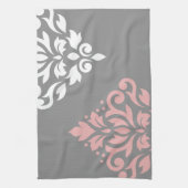 Scroll Damask Art in roze wit grijs Theedoek (Verticaal)