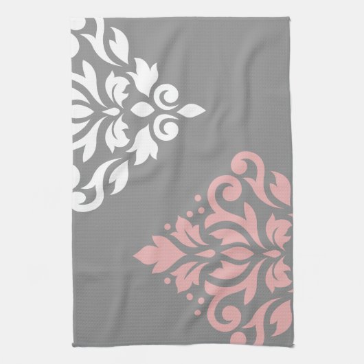 Scroll Damask Art in roze wit grijs Theedoek (Verticaal)