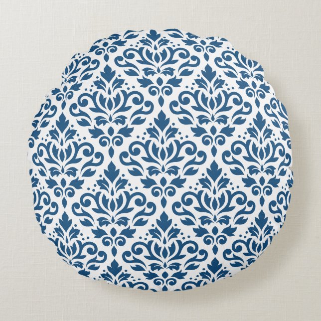Scroll Damask Big Ptn DK Blauw op Wit Rond Kussen (Voorkant)