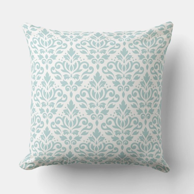 Scroll Damask Big PTN Duck Egg Blue (B) op wit Kussen (Voorkant)