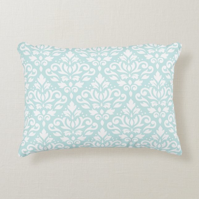 Scroll Damask Big Ptn White op Duck Egg Blue Decoratief Kussen (Voorkant)