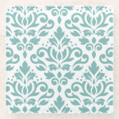 Scroll Damask Blauwgroen groot patroon Glazen Onderzetter (Voorkant)
