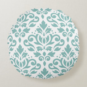 Scroll Damask Blauwgroen groot patroon Rond Kussen