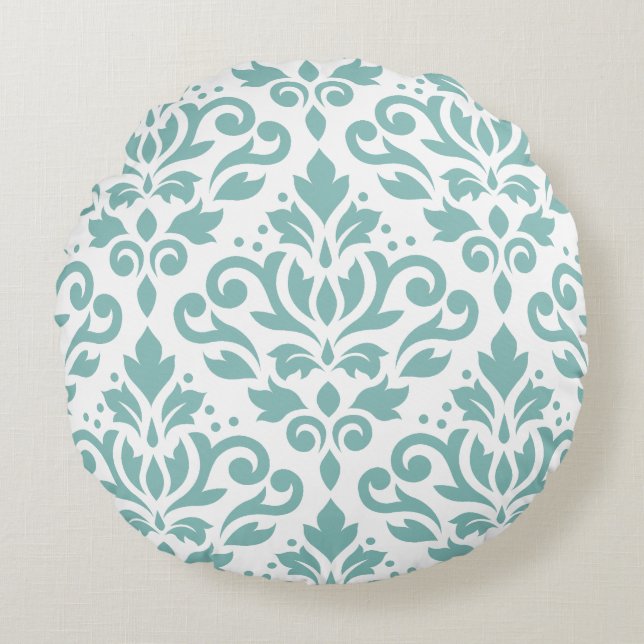 Scroll Damask Blauwgroen groot patroon Rond Kussen (Voorkant)