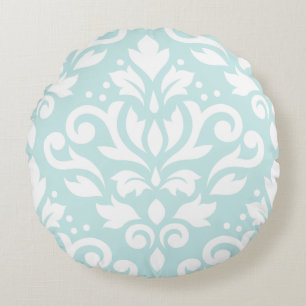 Scroll Damask Design White op Duck Egg Blue Rond Kussen