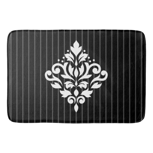 Scroll Damask Design White op Grey Stripes & Black Badmat (Voorkant)