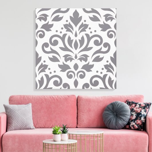Scroll Damask Groot Ontwerp Grijs op Cream Canvas Afdruk (Insitu (Woonkamer))