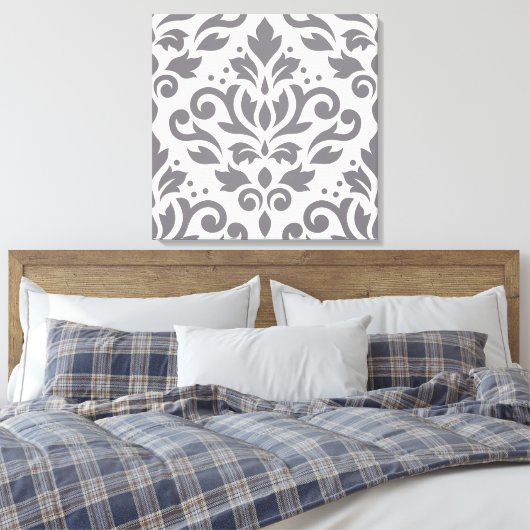Scroll Damask Groot Ontwerp Grijs op Cream Canvas Afdruk (Insitu (Slaapkamer))