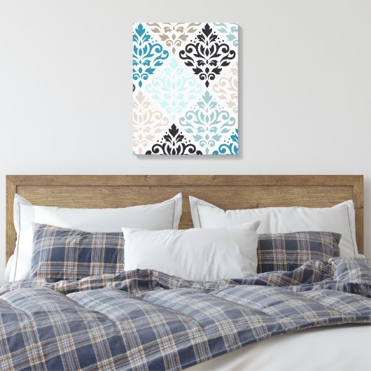 Scroll Damask Groot Patroon Teals Browns Wit Canvas Afdruk (Insitu (Slaapkamer))
