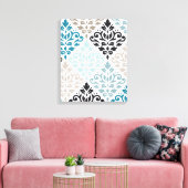 Scroll Damask Groot Patroon Teals Browns Wit Canvas Afdruk (Insitu (Woonkamer))