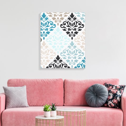 Scroll Damask Groot Patroon Teals Browns Wit Canvas Afdruk (Insitu (Woonkamer))