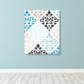 Scroll Damask Groot Patroon Teals Browns Wit Canvas Afdruk (Insitu (Houten vloer))