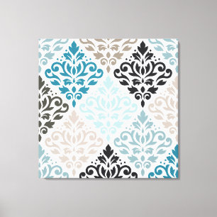 Scroll Damask Groot Patroon Teals Browns Wit Canvas Afdruk