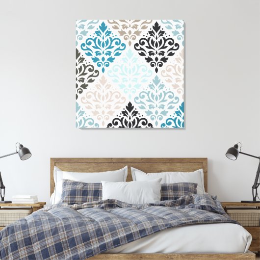 Scroll Damask Groot Patroon Teals Browns Wit Canvas Afdruk (Insitu (Slaapkamer))