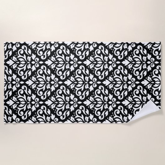 Scroll Damask Groot Patroon Wit op Zwart Strandlaken (Voorkant)