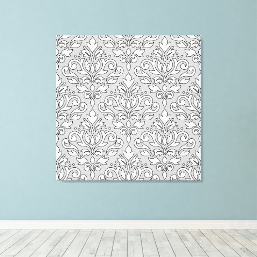 Scroll Damask Groot Patroon Wit (Zwarte lijn) Grij Canvas Afdruk (Insitu (Houten vloer))