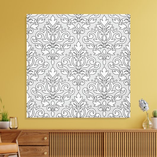 Scroll Damask Groot Patroon Wit (Zwarte lijn) Grij Canvas Afdruk (Insitu (Woonkamer))