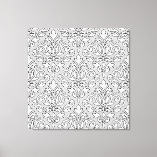 Scroll Damask Groot Patroon Wit (Zwarte lijn) Grij Canvas Afdruk