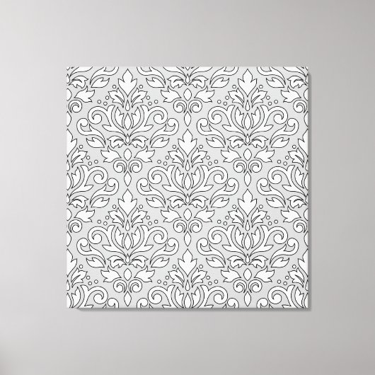 Scroll Damask Groot Patroon Wit (Zwarte lijn) Grij Canvas Afdruk (Voorkant)