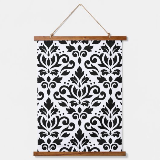 Scroll Damask Groot Patroon Zwart op Wit Hangend Wandkleed (Voorkant)