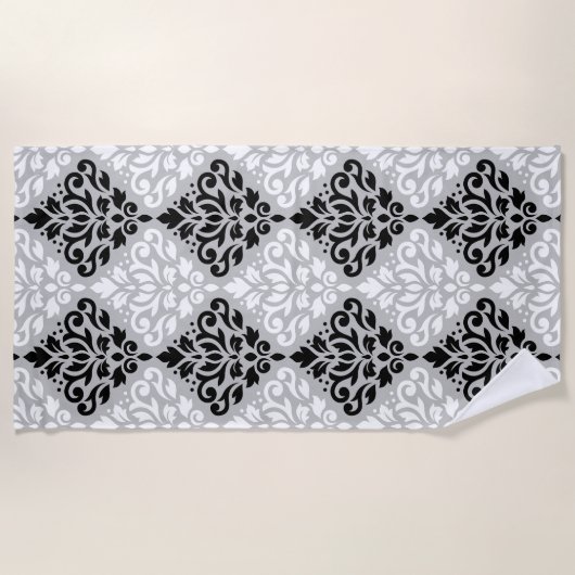 Scroll Damask Groot Patroon Zwart Wit Grijs Strandlaken (Voorkant)