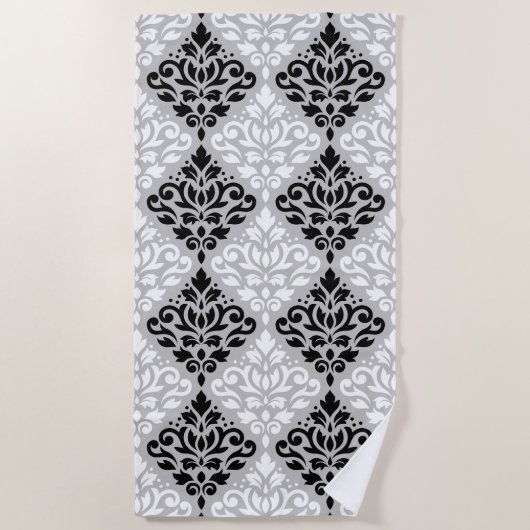 Scroll Damask Groot Patroon Zwart Wit Grijs Strandlaken (Voorkant)