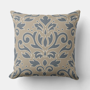 Scroll Damask Grote Ontwerp Crème Lijn Blauwe Zand Kussen