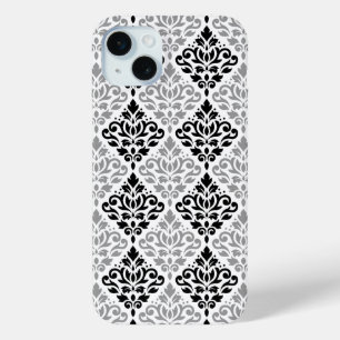 Scroll Damask Grote Patroon Zwart Grijs Wit iPhone 15 Mini Hoesje