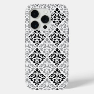 Scroll Damask Grote Patroon Zwart Grijs Wit iPhone 15 Pro Case