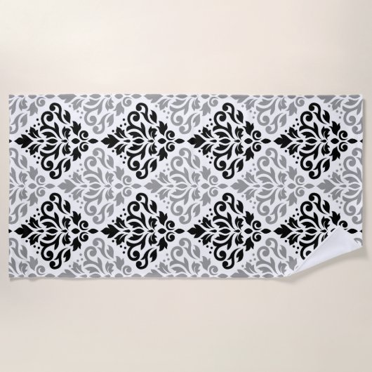 Scroll Damask Grote Patroon Zwart Grijs Wit Strandlaken (Voorkant)