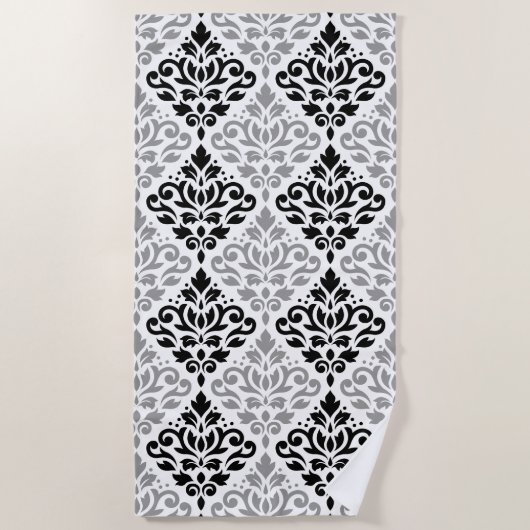 Scroll Damask Grote Patroon Zwart Grijs Wit Strandlaken (Voorkant)