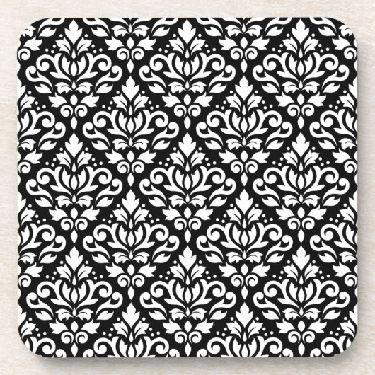 Scroll Damask herhaal Patroonwit op zwart Onderzetter (Voorkant)