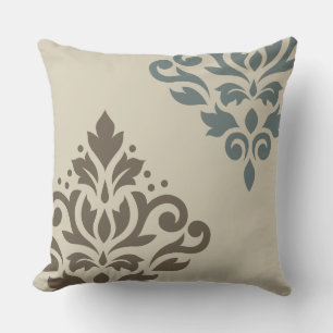 Scroll Damask Kunst I Bruin Teal-Grijs Zand Kussen