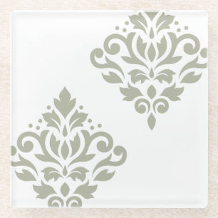 Scroll Damask Kunst I Groen op Wit Glazen Onderzetter