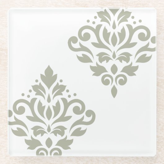 Scroll Damask Kunst I Groen op Wit Glazen Onderzetter (Voorkant)