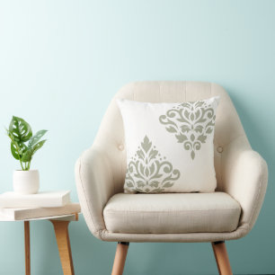 Scroll Damask Kunst I Groen op Wit Kussen