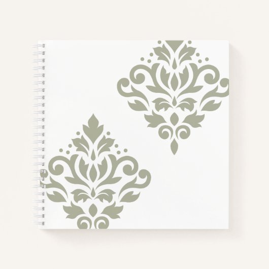 Scroll Damask Kunst I Groen op Wit Notitieboek (Voorkant)