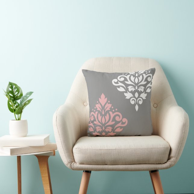 Scroll Damask Kunst I Roze Wit Grijs Kussen (Stoel)