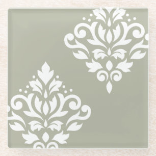 Scroll Damask Kunst I Wit op Groen Glazen Onderzetter