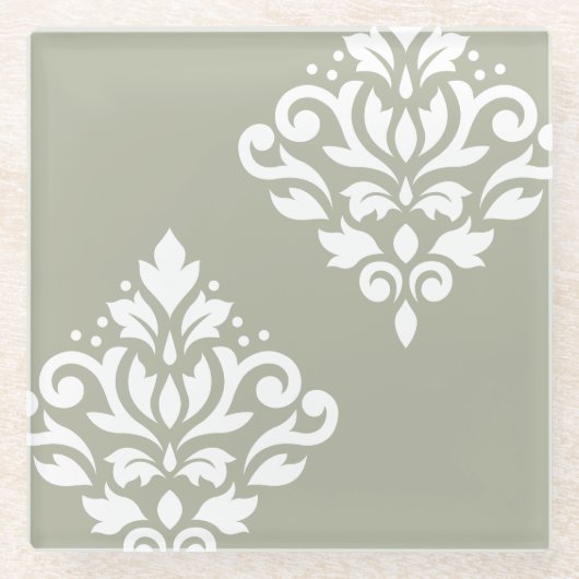 Scroll Damask Kunst I Wit op Groen Glazen Onderzetter (Voorkant)