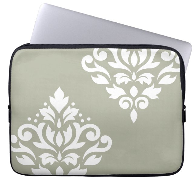 Scroll Damask Kunst I Wit op Groen Laptop Sleeve (Voorkant)