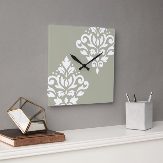 Scroll Damask Kunst I Wit op Groen Vierkante Klok (Kantoor)