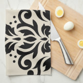 Scroll Damask Kunst I Zwart Taupe Crème Theedoek (Quarter Fold)