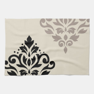 Scroll Damask Kunst I Zwart Taupe Crème Theedoek