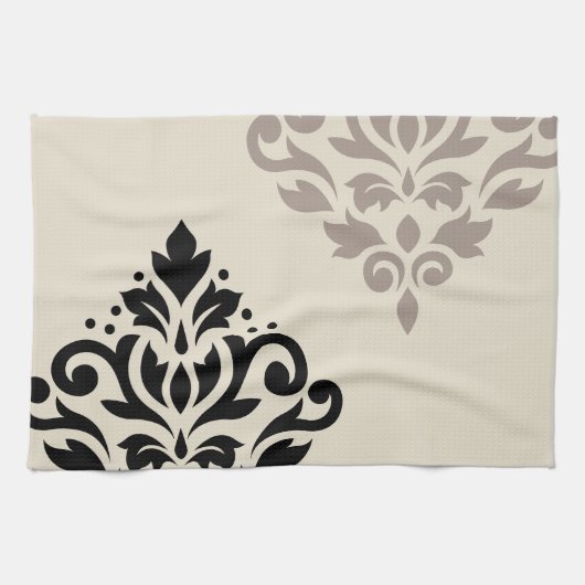 Scroll Damask Kunst I Zwart Taupe Crème Theedoek (Horizontaal)