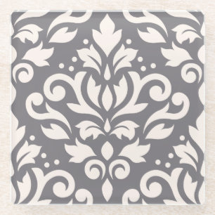 Scroll Damask Large Design Cream op Grey Glazen Onderzetter