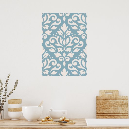 Scroll Damask Large Pattern Cream op Blue Poster (Keuken)